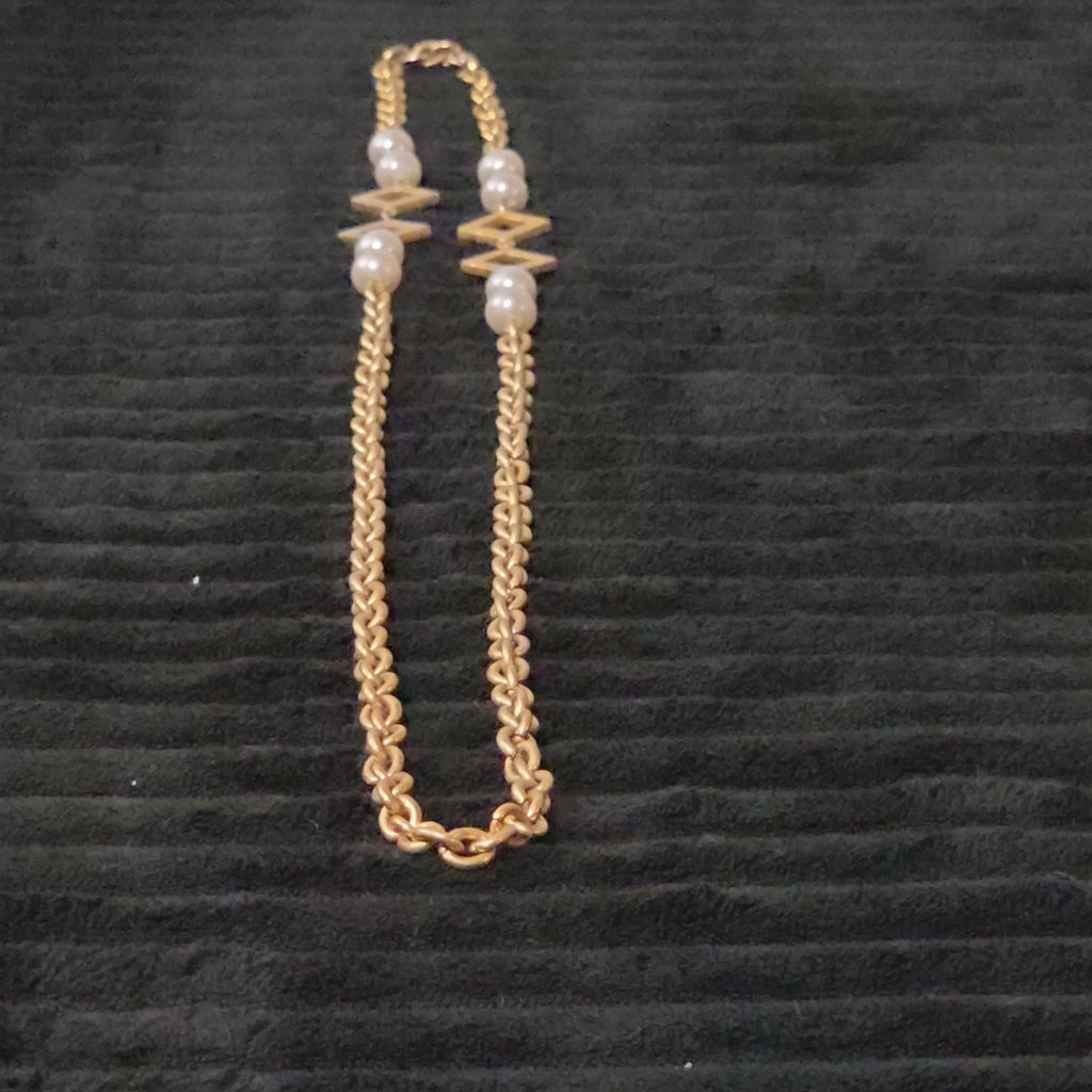 Vintage Gold Tone Geometric Necklace Long Pearl Station Diamond Link Chain 32"