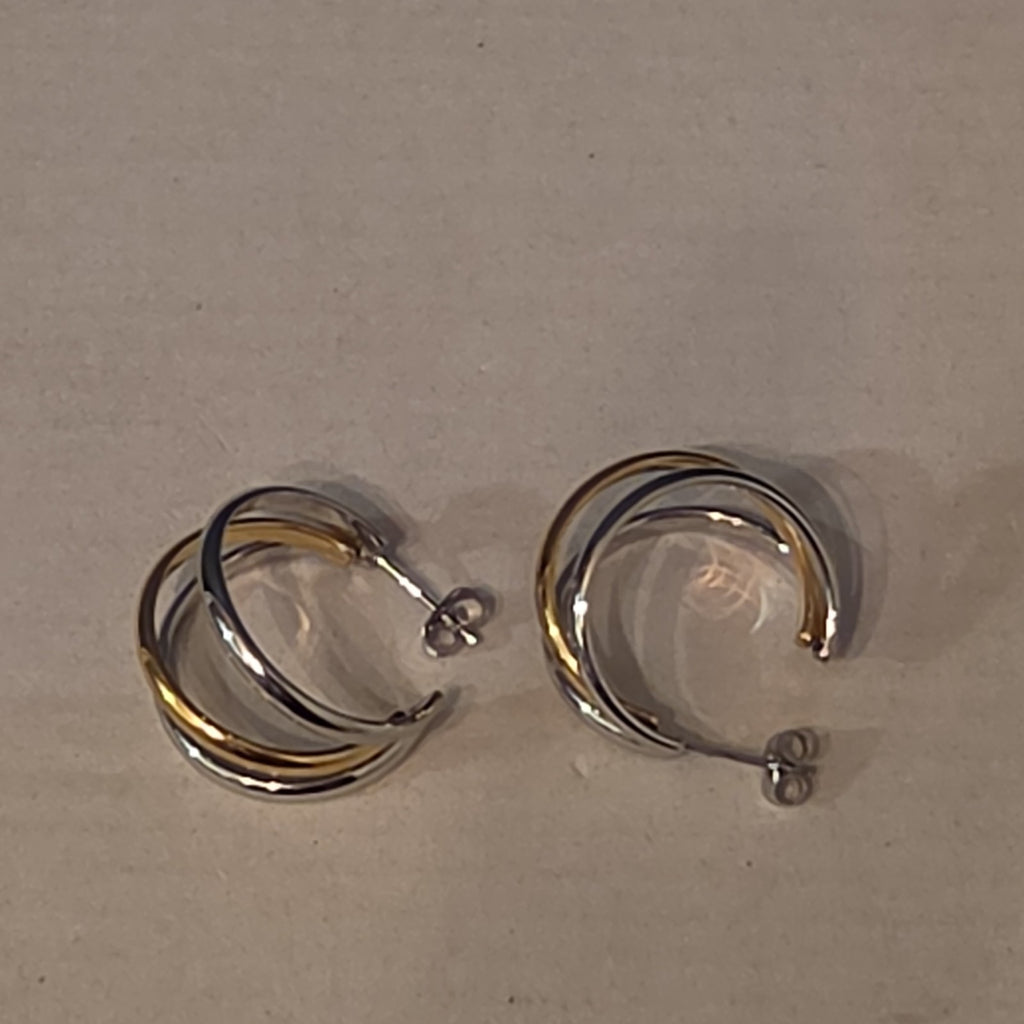 Triple Hoop Mixed Metal Gold Silver Tone Earrings Modern