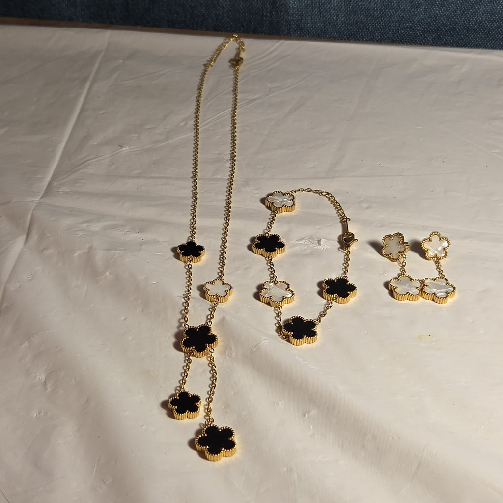 3PC Jewelry Set Black White Gold Tone Necklace Bracelet Earrings