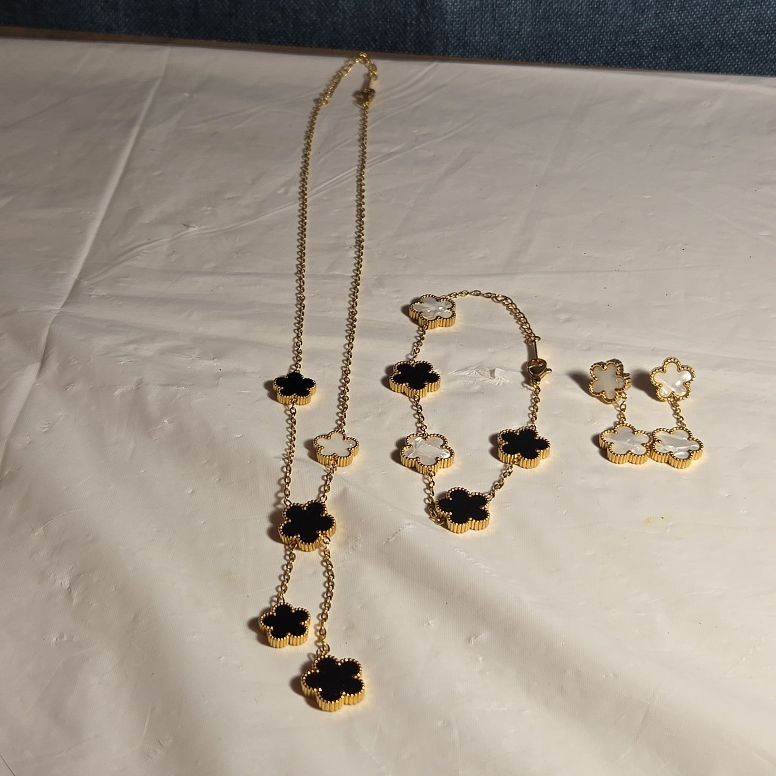 3PC Jewelry Set Black White Gold Tone Necklace Bracelet Earrings
