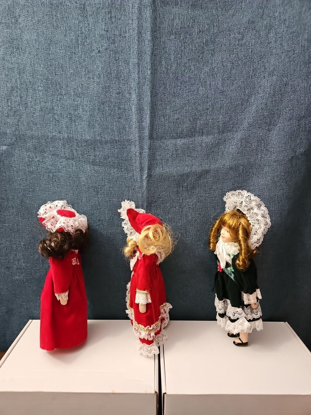 Set of 3 Vintage Porcelain Dolls | Red & Green Velvet | Christmas Carolers