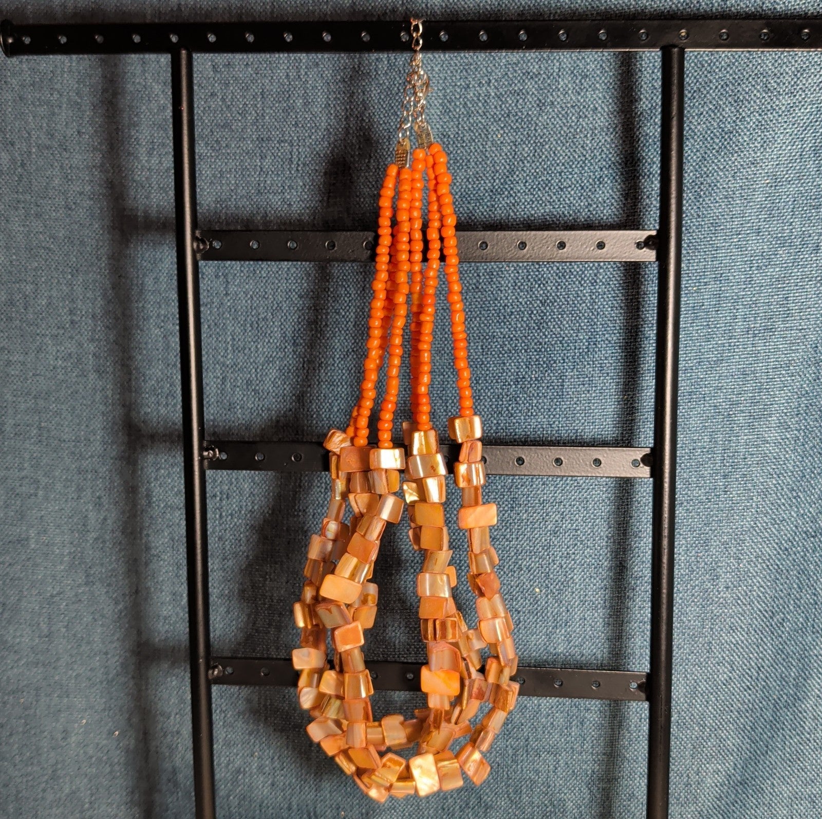Multi Strand Orange Shell Bead Necklace 23" Boho Beach