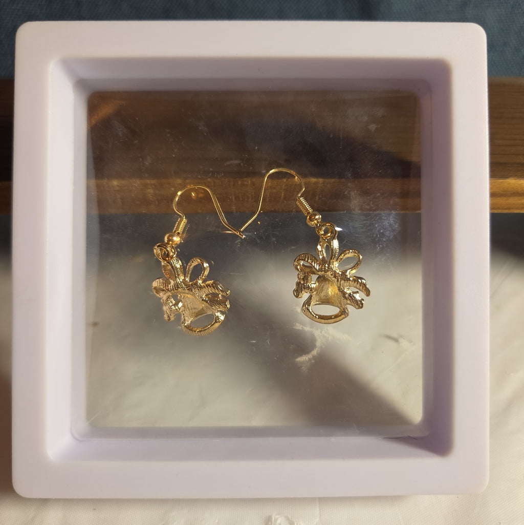 Gold Christmas Bells Drop Earrings 3/4" Red Enamel