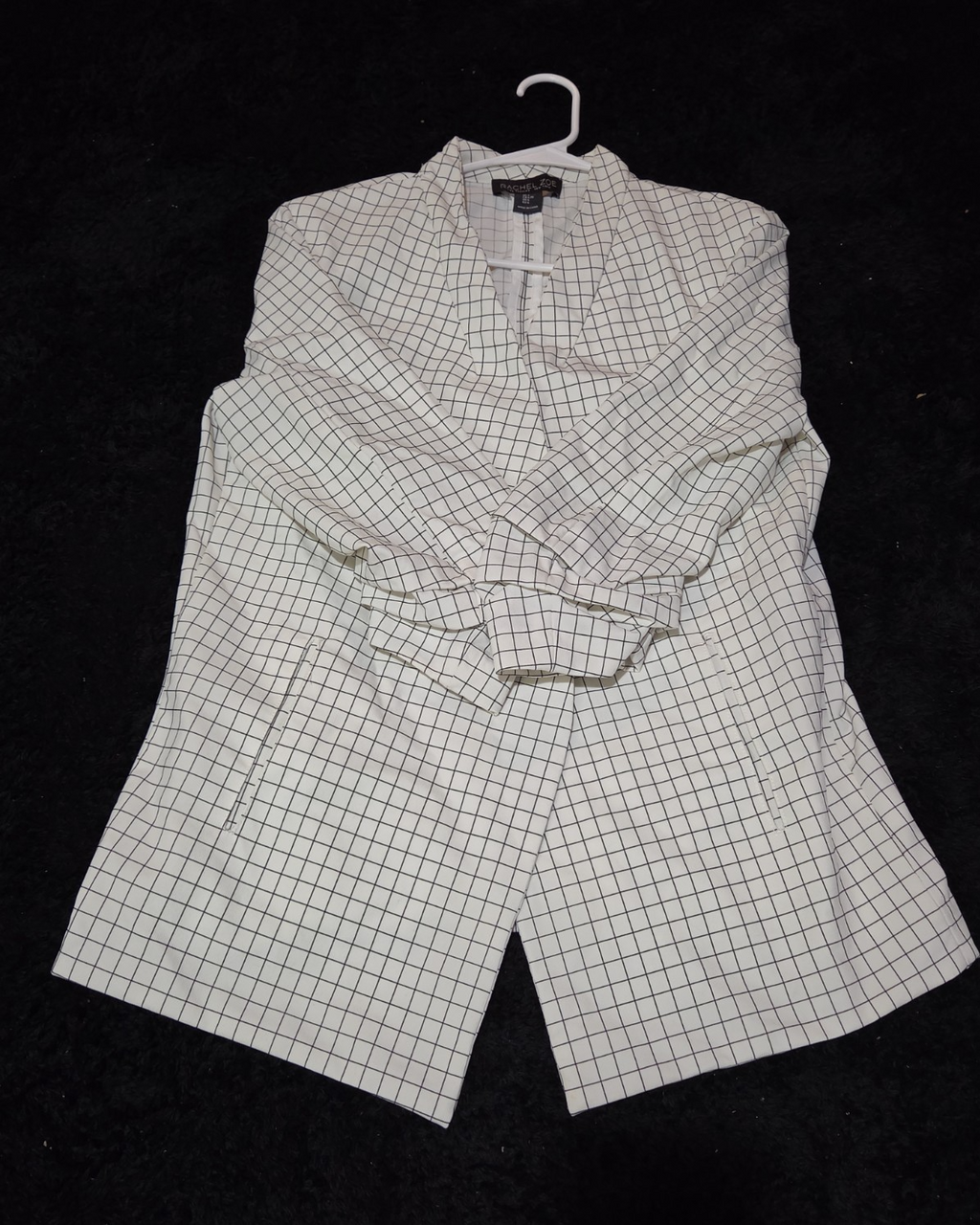 Rachel Zoe Open Front Blazer Women's S White Black Check 3/4 Sleeve Ruche Size L