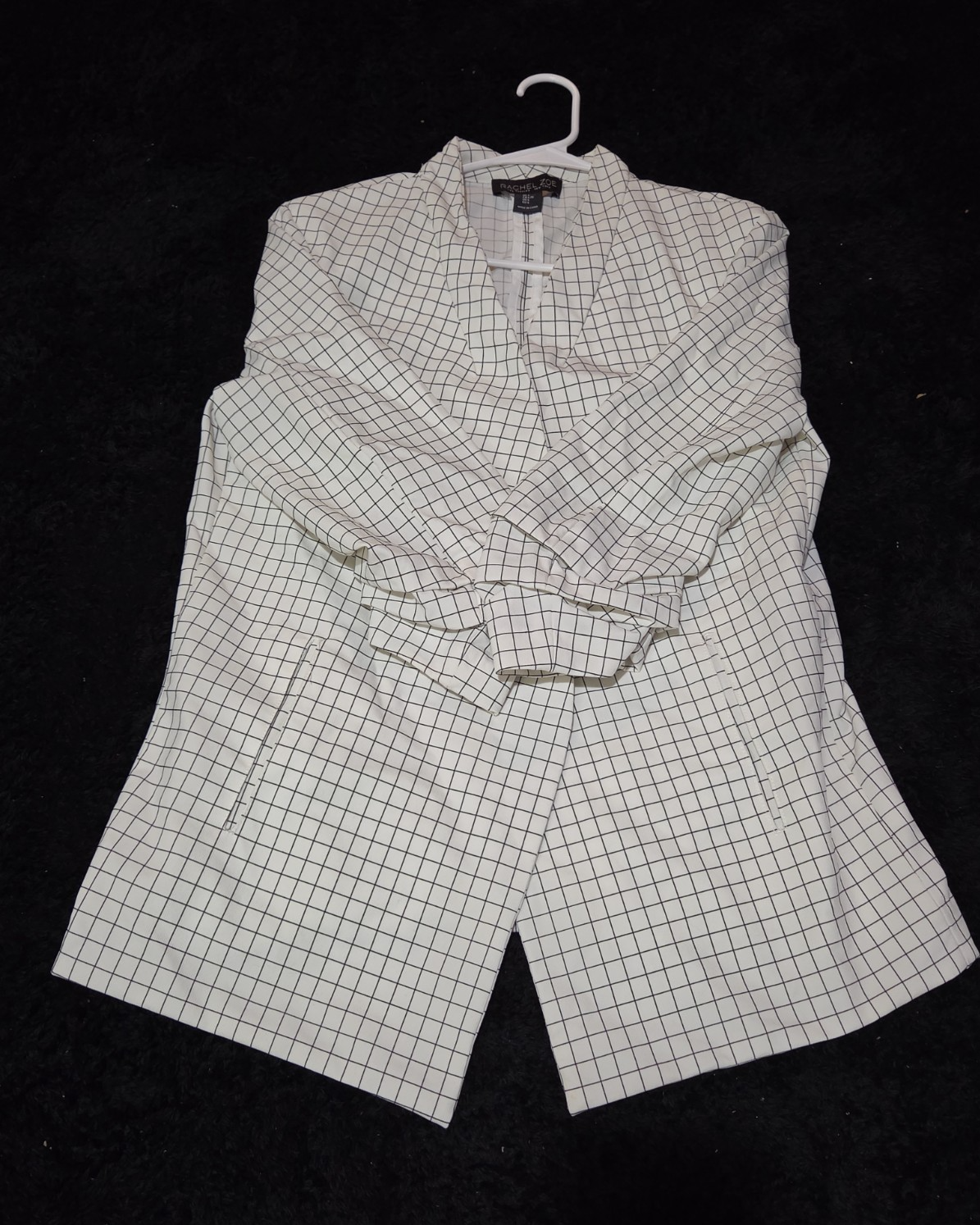Rachel Zoe Open Front Blazer Women's S White Black Check 3/4 Sleeve Ruche Size L