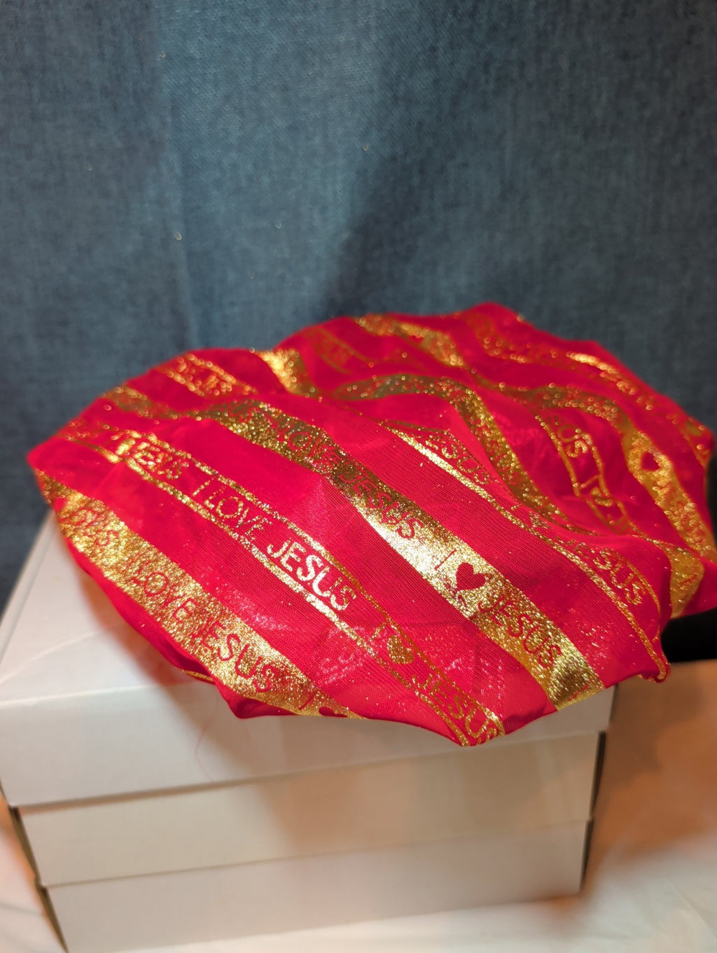 I Love Jesus Satin Hair Bonnet Sleep Cap Red Gold Glitter OS Made in USA