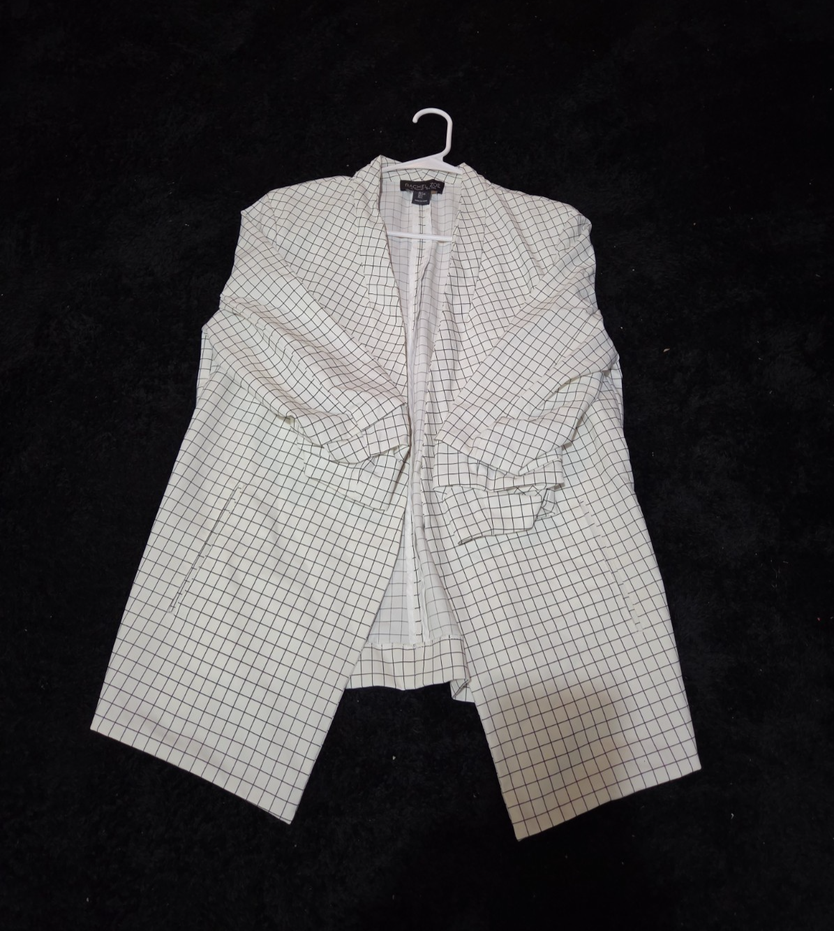 Rachel Zoe Open Front Blazer Women's S White Black Check 3/4 Sleeve Ruche Size L
