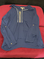Michael Kors Blouse XL Navy Blue Zip Front Roll Tab Sleeve Shirt Gently Used
