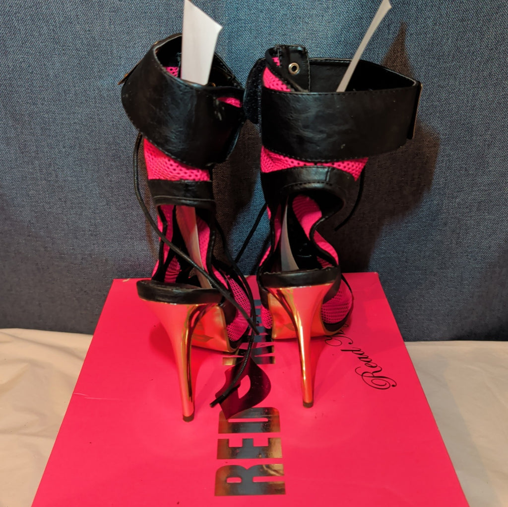 RedKiss Summer Stunner Heels Size 8.5 Pink Black Lace Up Caged Stiletto