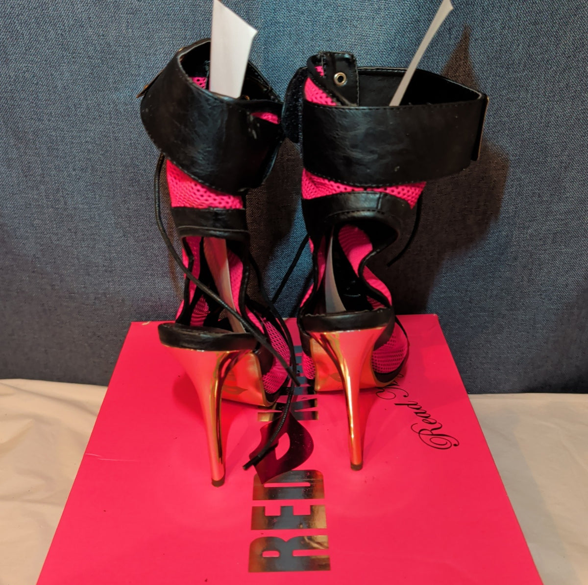 RedKiss Summer Stunner Heels Size 8.5 Pink Black Lace Up Caged Stiletto