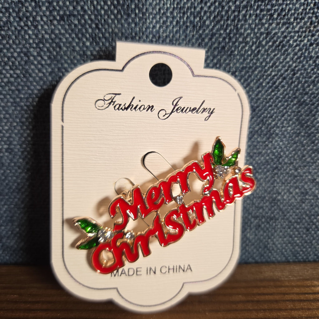 Merry Christmas Brooch Red Enamel Rhinestone Holiday Pin NWT