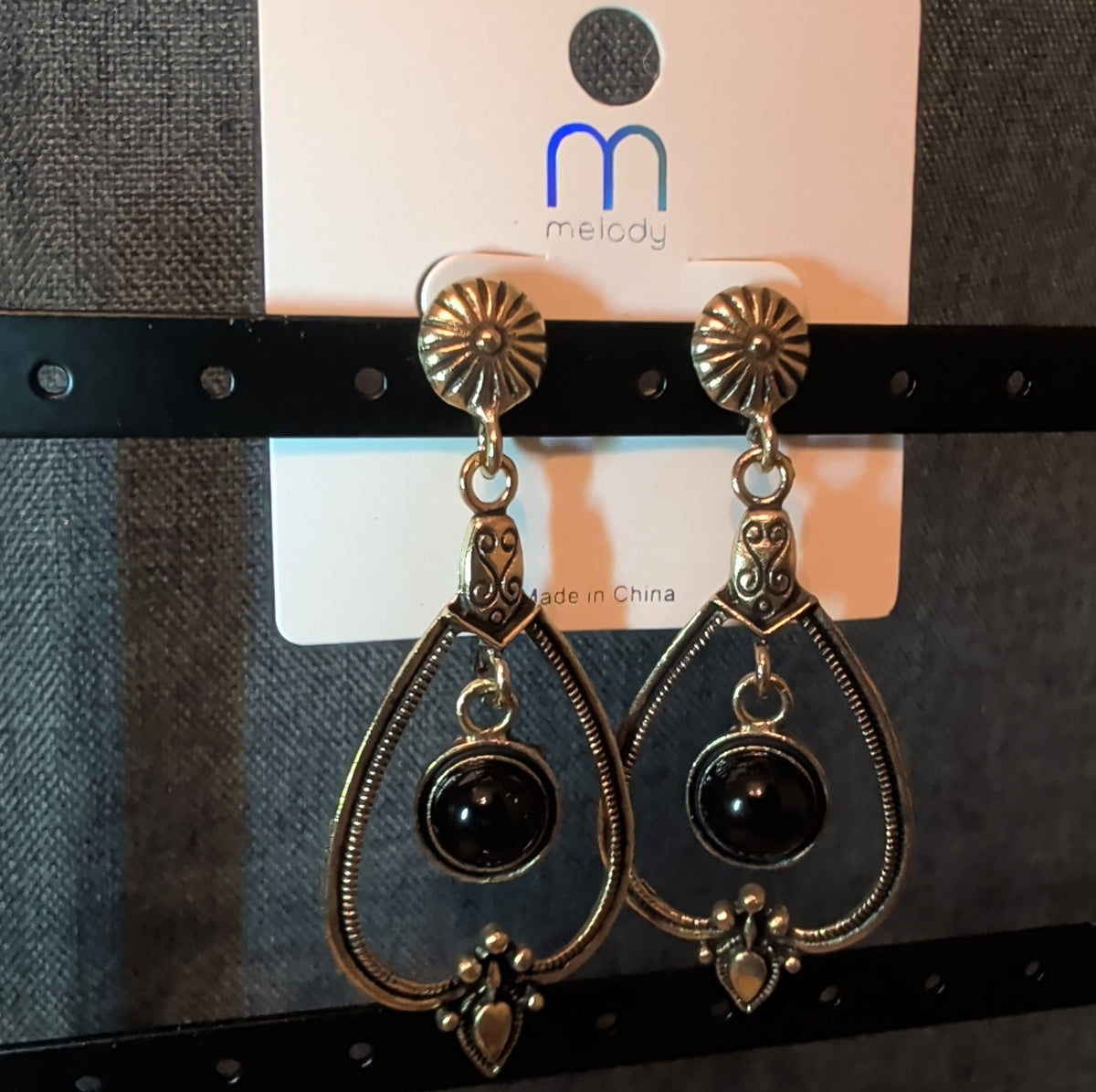 Melody Boho Western Dangle Earrings Gold Tone Black Bead Vintage Vibe