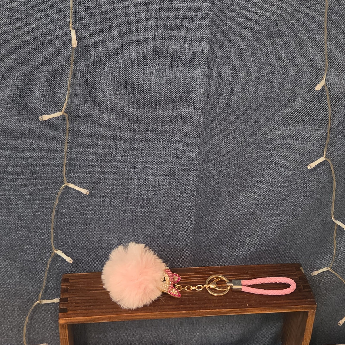 Pink Rhinestone Fox Pom Pom Keychain Charm Braided Strap
