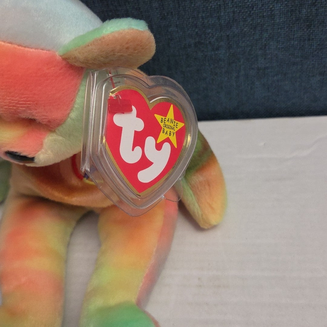 Ty Beanie Baby Peace Bear 1997 Retired - Unique Pastel Tie Dye Tag Protector