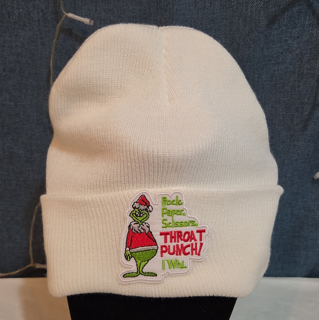 Custom Grinch Throat Punch White Knit Beanie Funny Holiday Hat Brand
