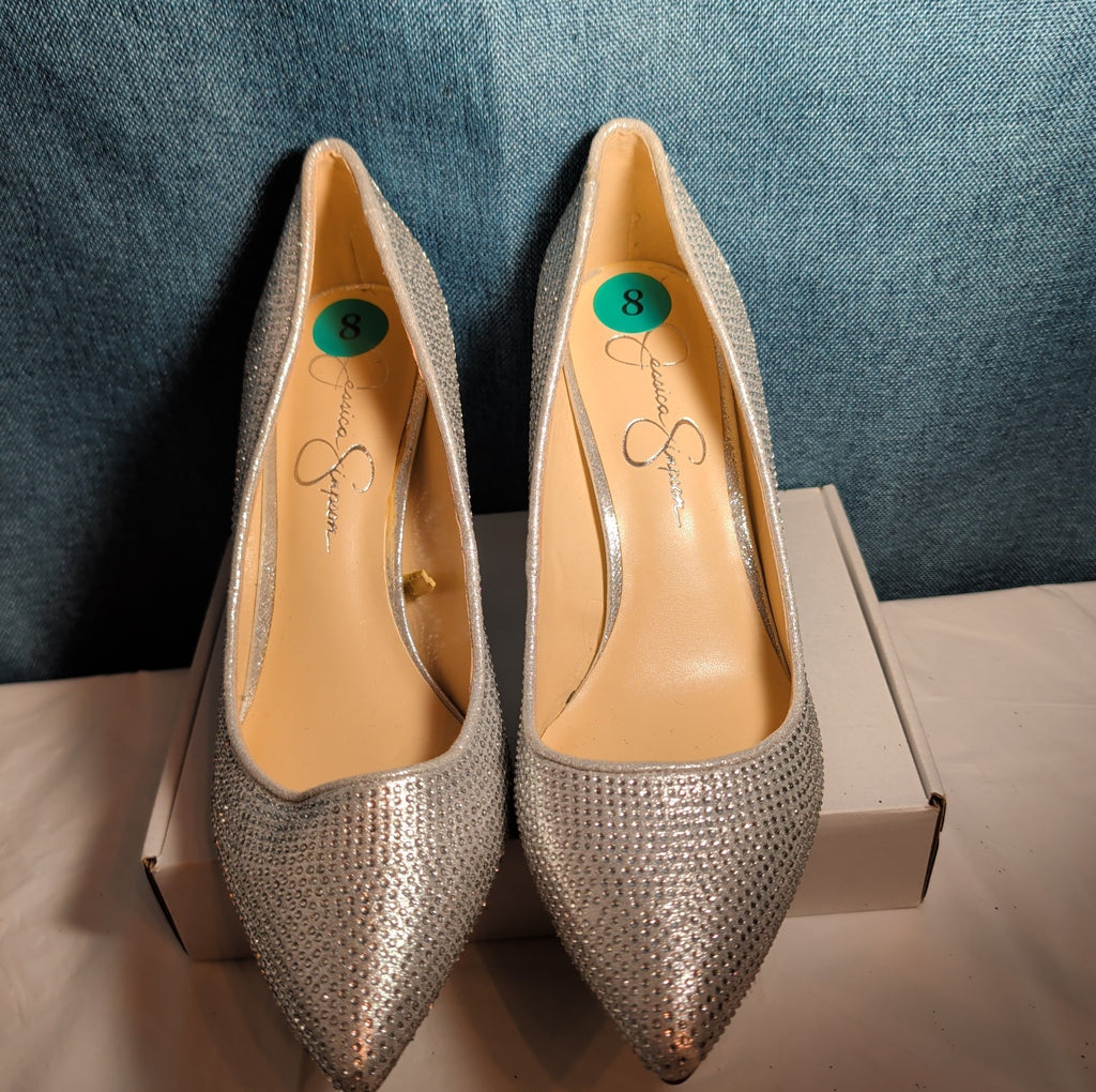 Jessica Simpson Lindiza Rhinestone Pumps 8M Silver Sparkly Stiletto Heels 39