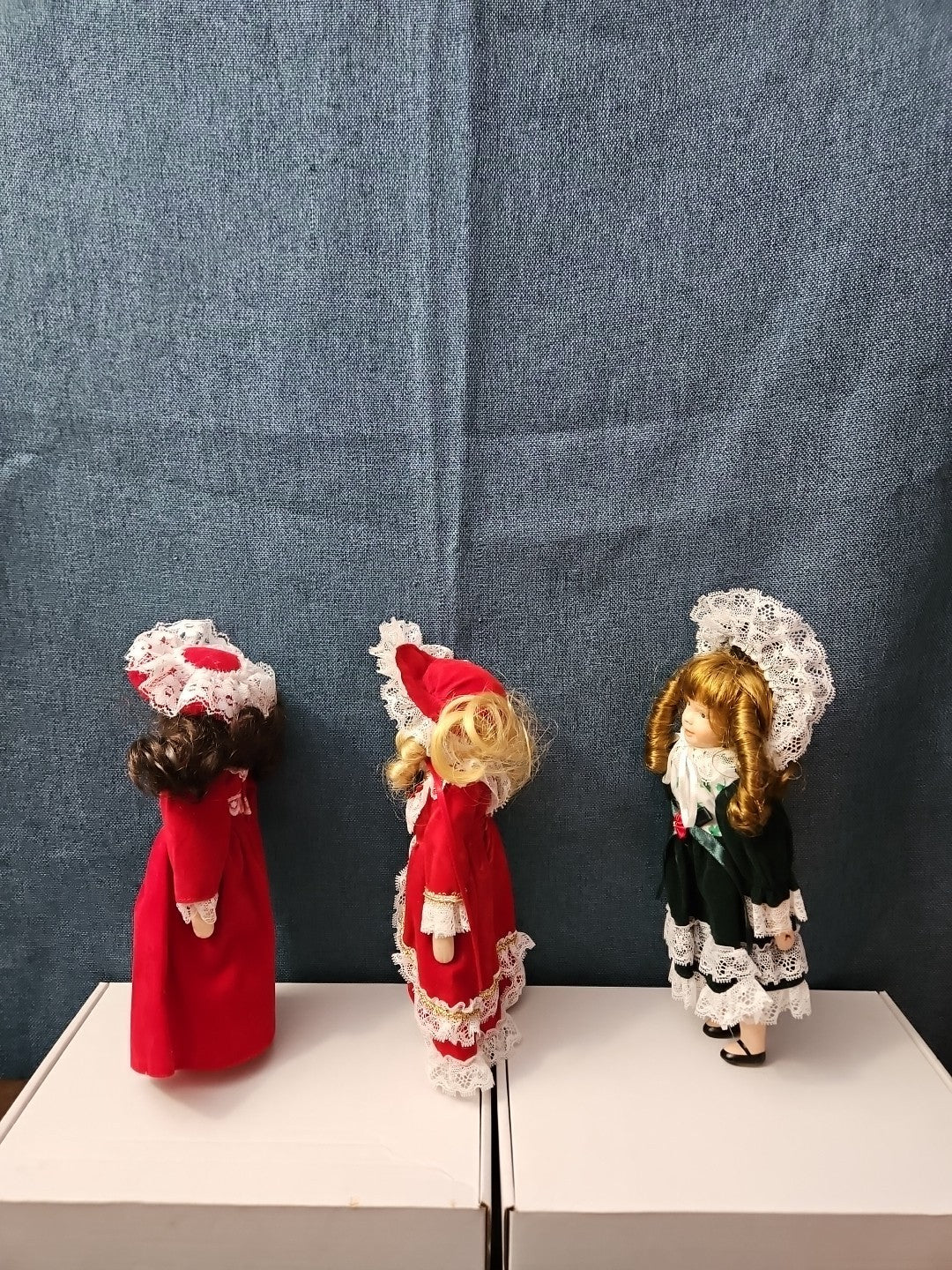 Set of 3 Vintage Porcelain Dolls | Red & Green Velvet | Christmas Carolers