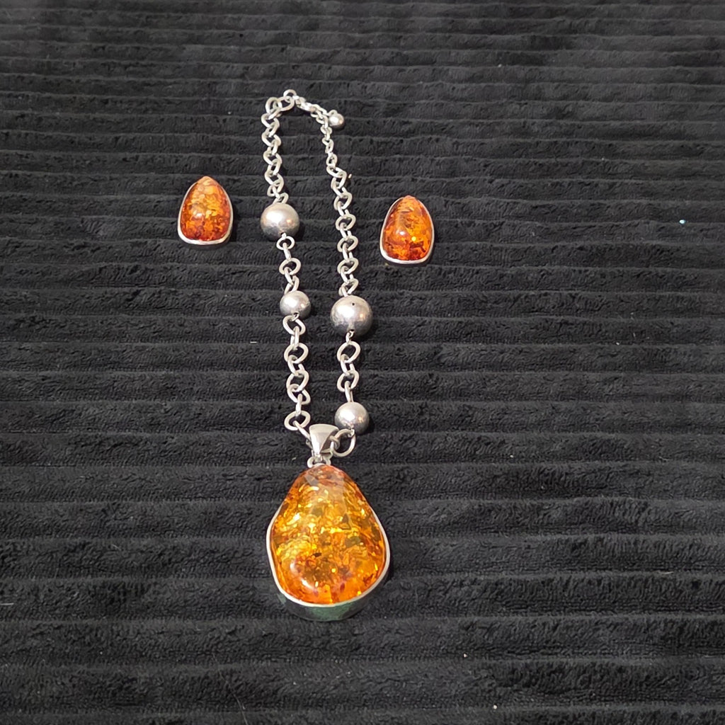 Vintage Faux Amber Necklace Clip On Earrings Set Silver Tone Teardrop Shimmer
