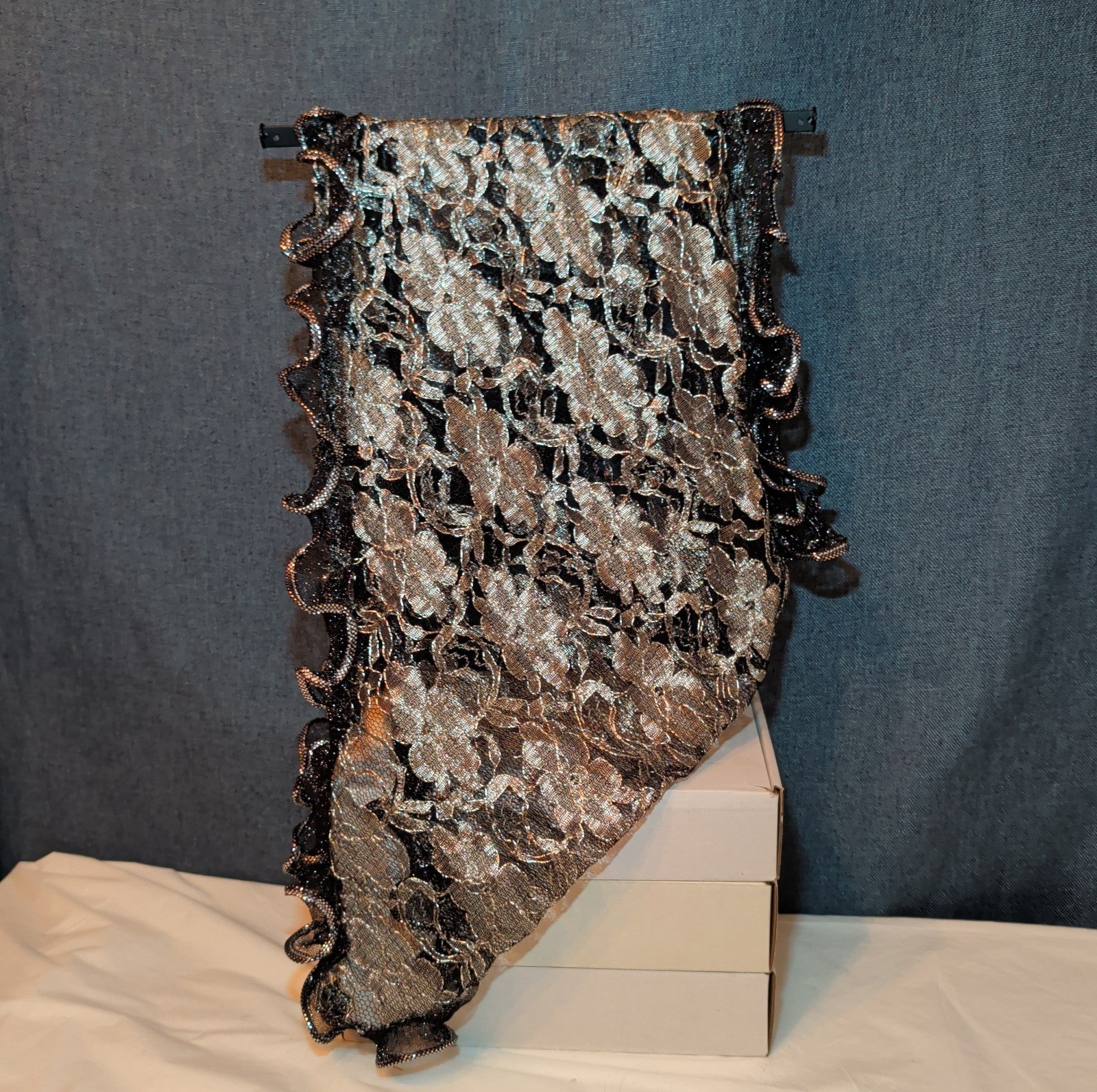 Laurena by LJL Metallic Lace Scarf Wrap Silver Black Ruffled Boho NWT 63x23