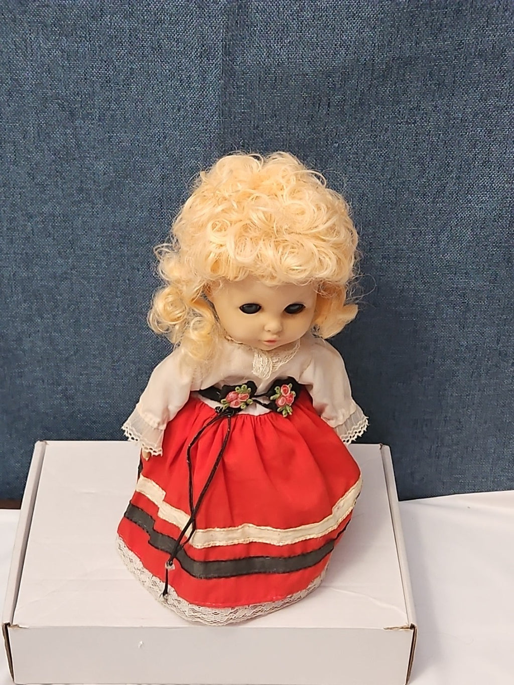Vintage Heritage Doll Piggy Bank European Folk Costume Blonde Curls Aged Charm
