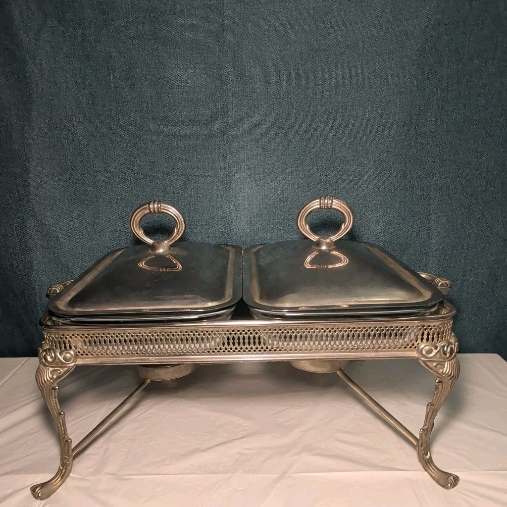 Silver Plated Double Chafer 8 Qt Buffet Server 2 Marinex Glass Pans Lion Feet