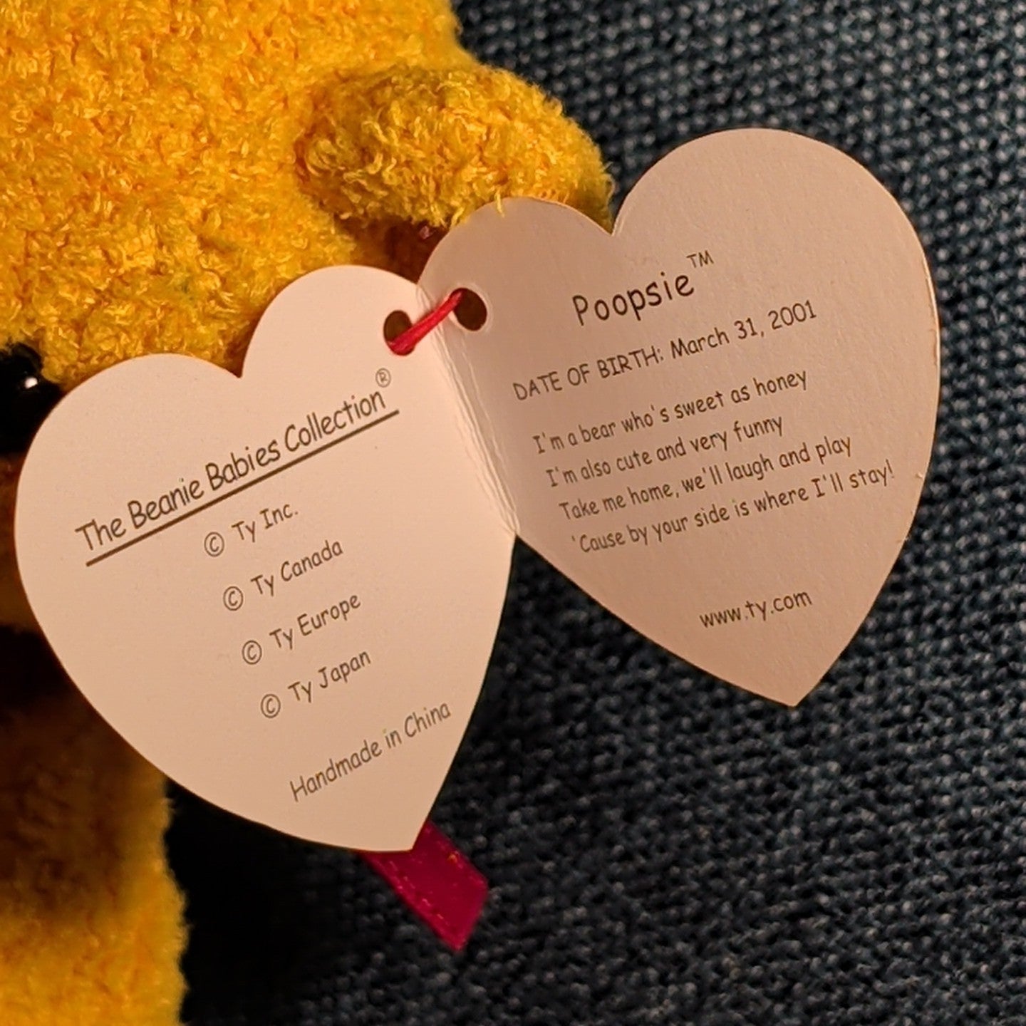 Ty Beanie Baby POOPSIE THE BEAR | 2001 Retired MWMT | Vintage Yellow Teddy Bear