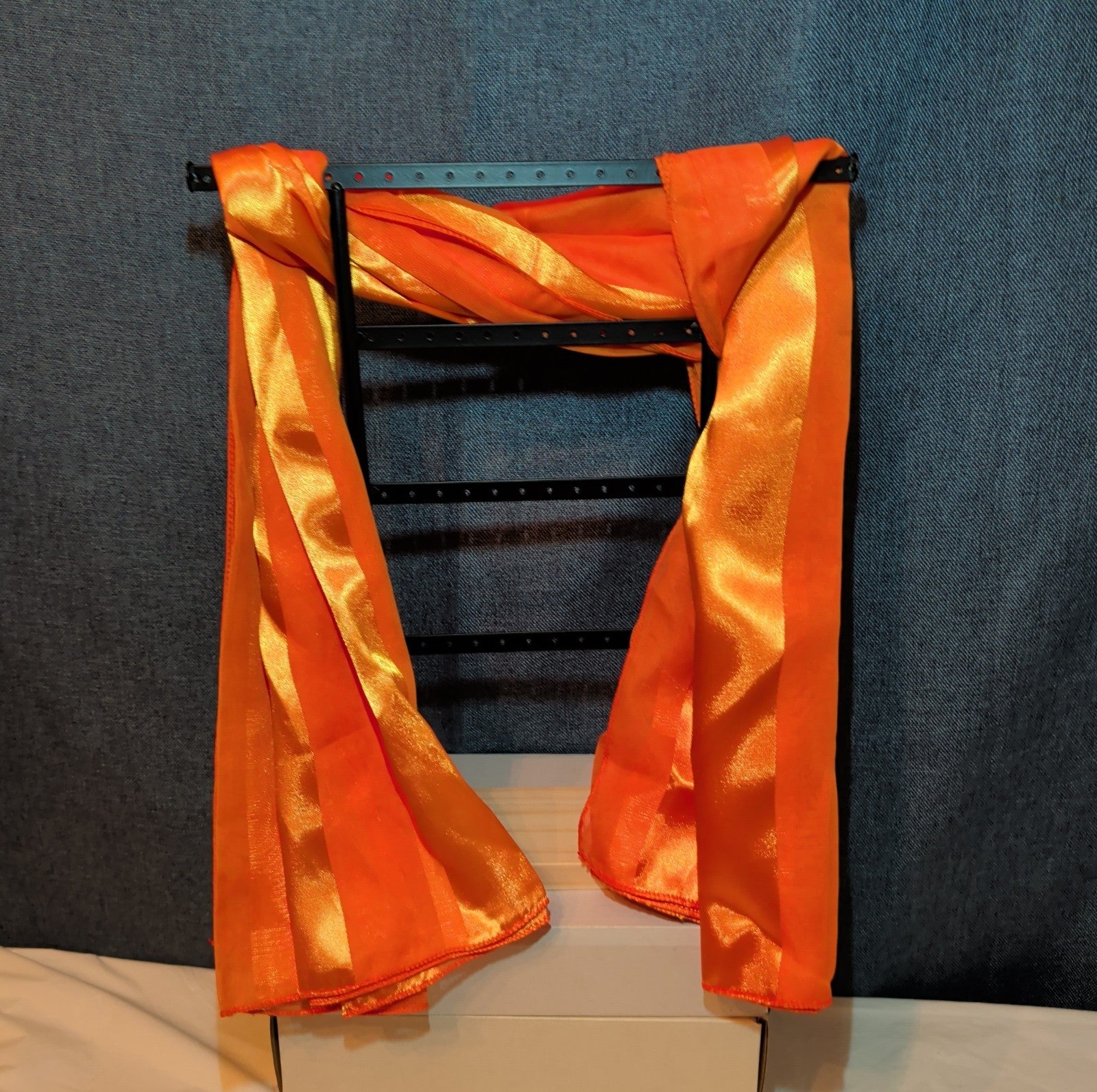 Vintage Orange Striped Scarf Sheer Satin Oblong Rectangular Wrap Retro