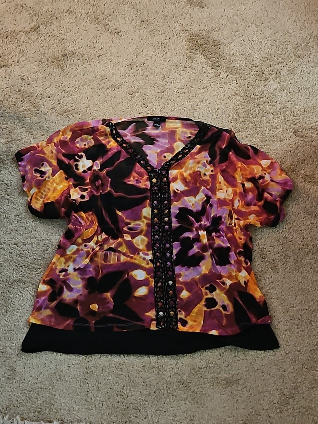 Alfani Petite Large P/L Boho Mesh Top Sheer Beaded V-Neck Floral Purple Blouse