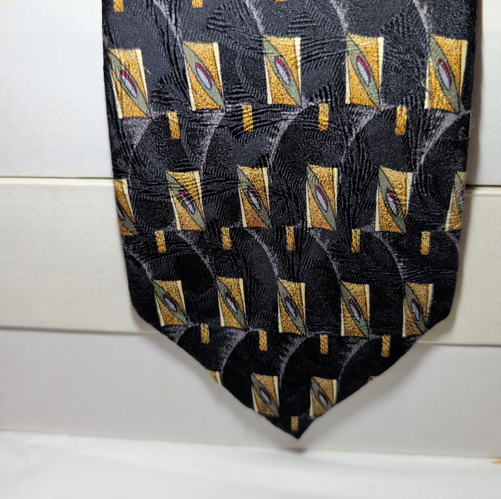 Vtg Ferrell Reed for Edwards Silk Neck Tie Black Gold Geometric Art Deco 59.5
