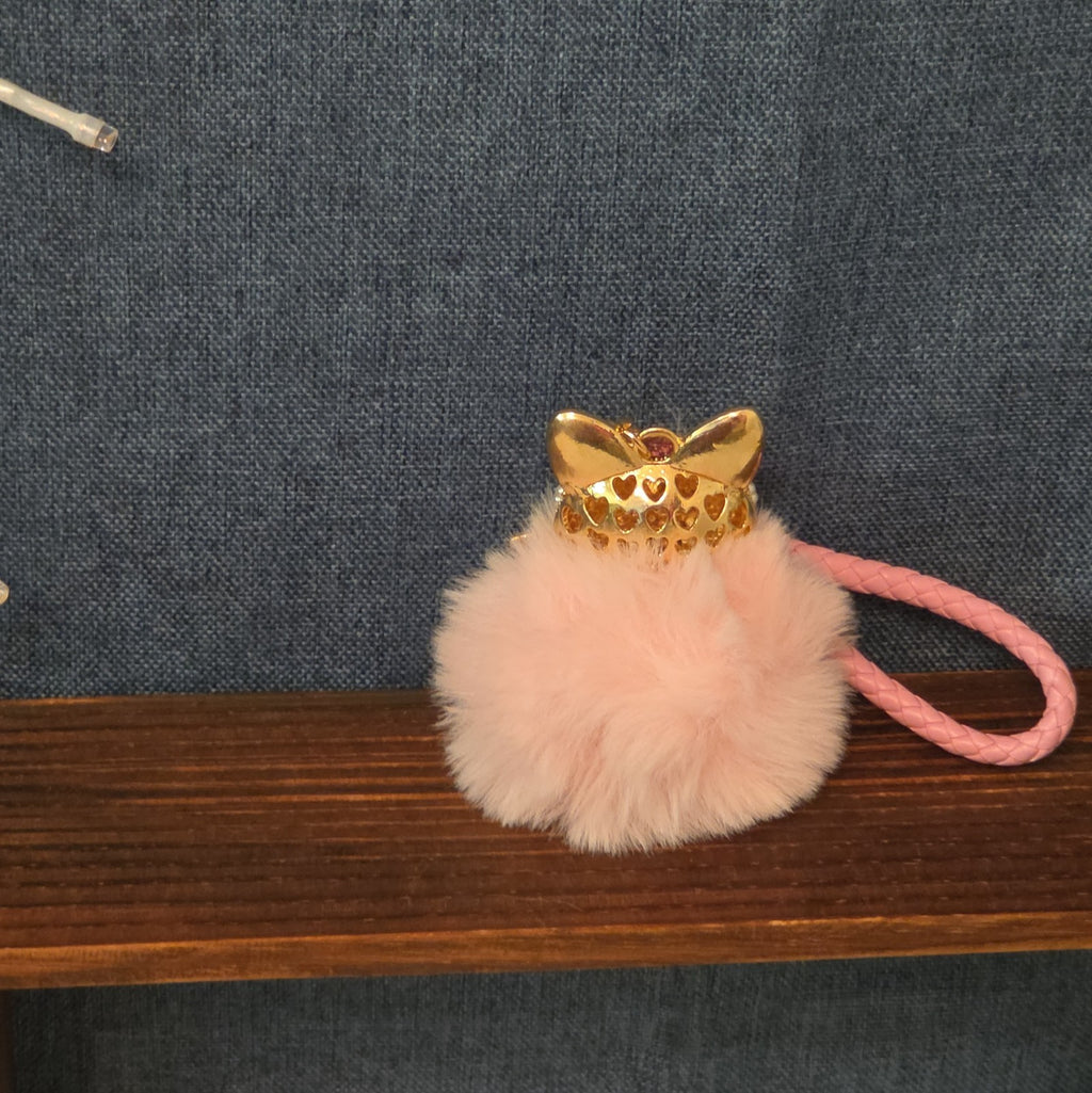 Pink Rhinestone Fox Pom Pom Keychain Charm Braided Strap