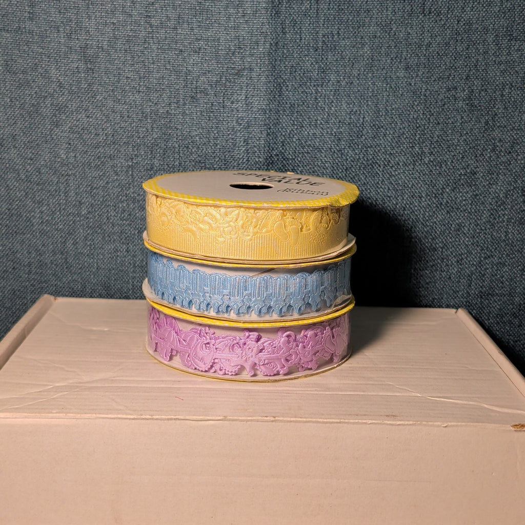 Mixed Ribbon Lot 11 Spools Satin Grosgrain Lace Wired Blue Green Yellow Fall