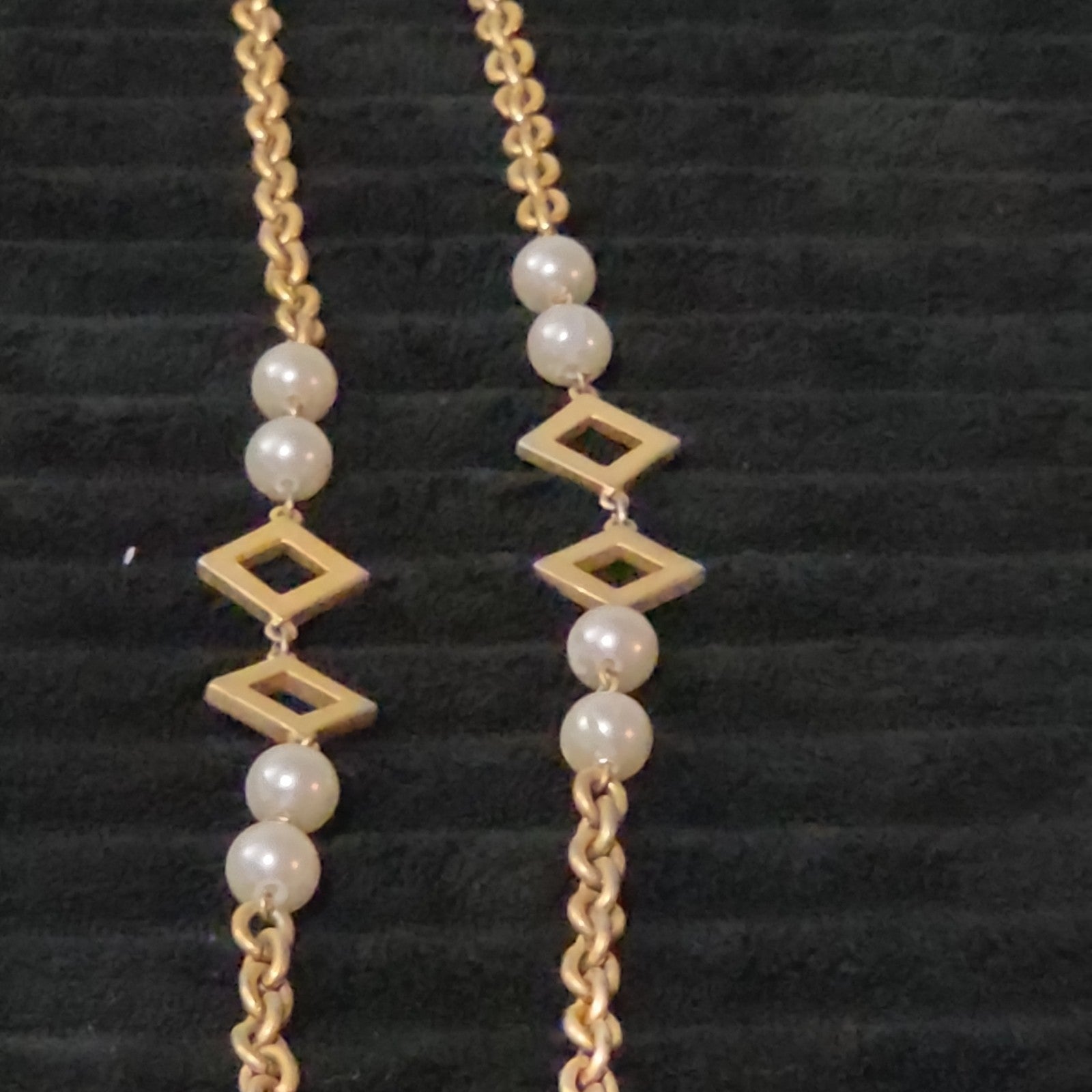 Vintage Gold Tone Geometric Necklace Long Pearl Station Diamond Link Chain 32"