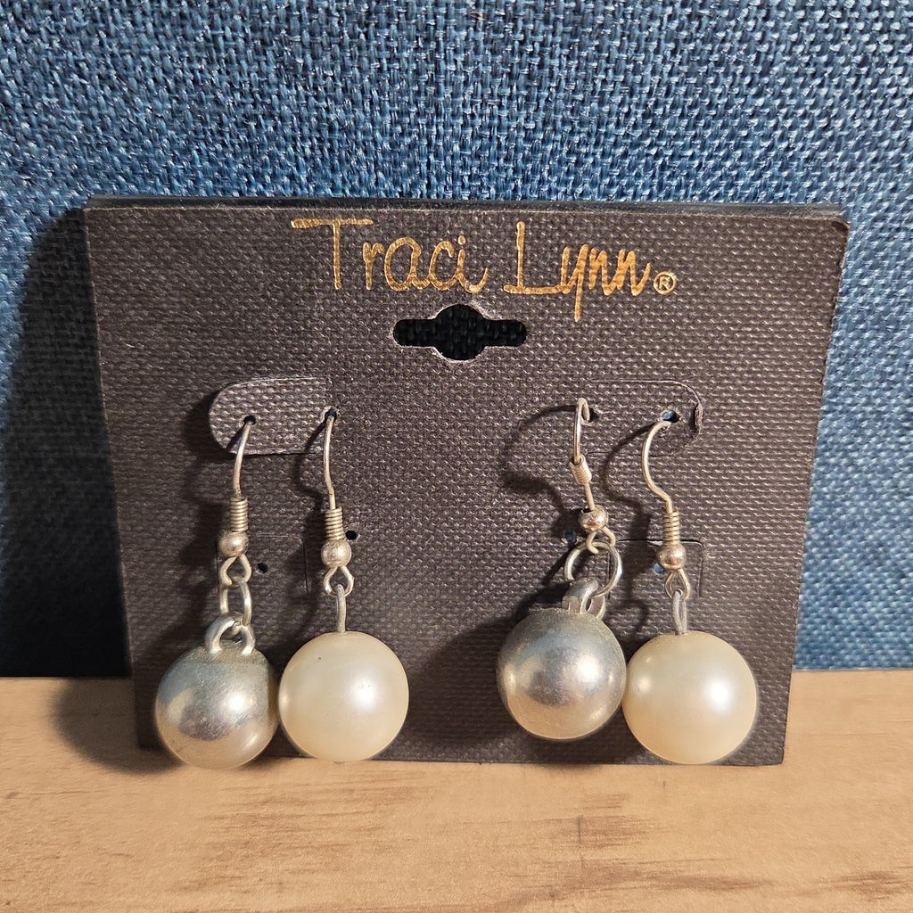 Traci Lynn Faux Pearl Silver Ball Hook Drop Earrings