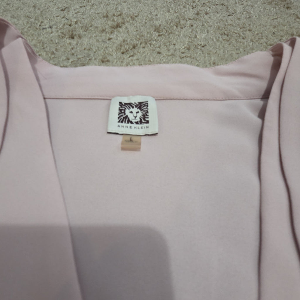 Anne Klein Blouse L Pink Tie Neck V-Neck Long Sleeve Career Top