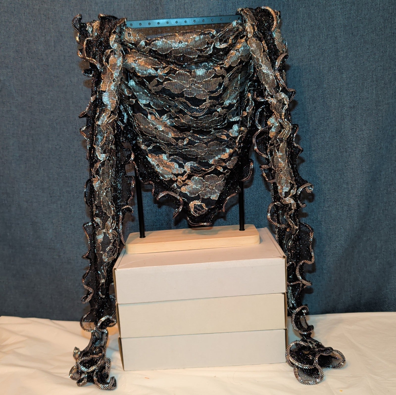 Laurena by LJL Metallic Lace Scarf Wrap Silver Black Ruffled Boho NWT 63x23