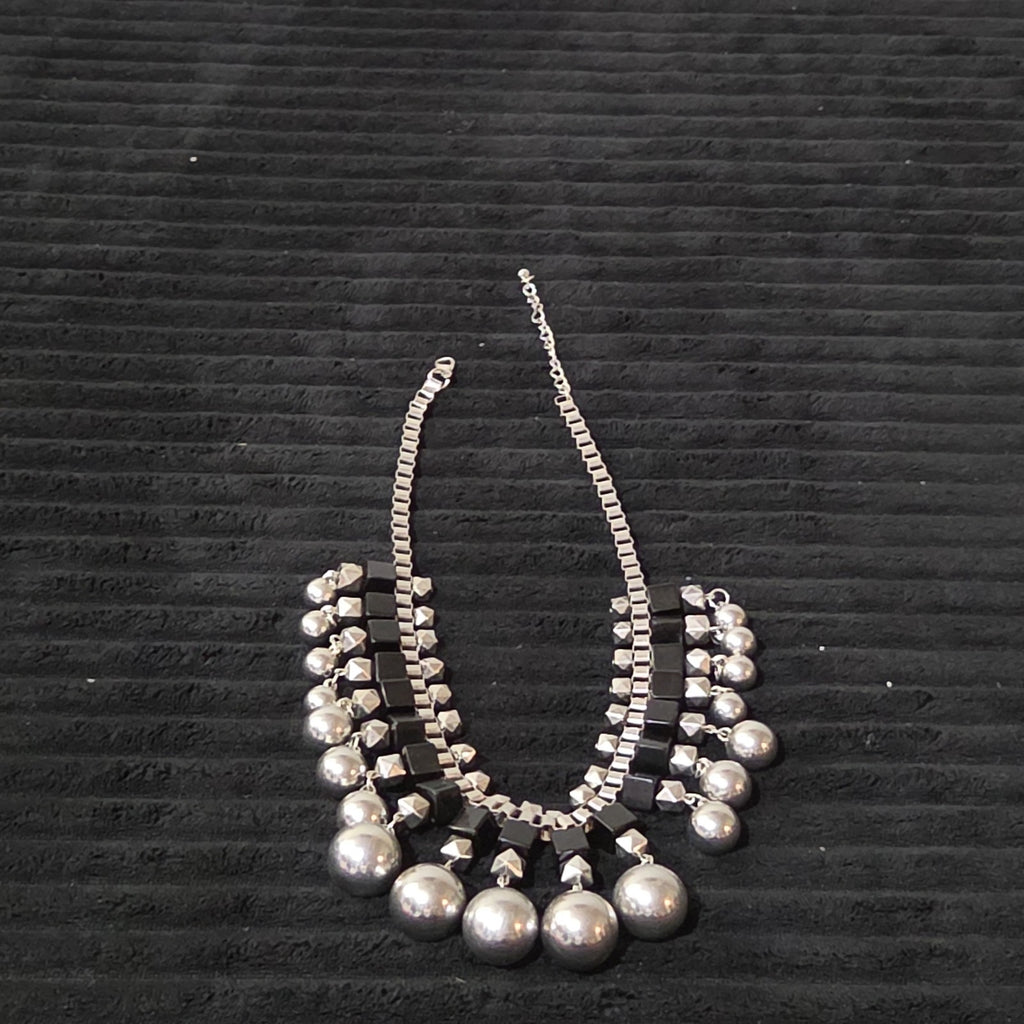 Chunky Silver Bib Statement Necklace Black Cube Cascading Collar Choker Punk Mod