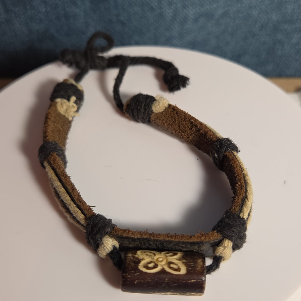 Boho Tribal Leather Cord Bracelet Carved Bead Unisex