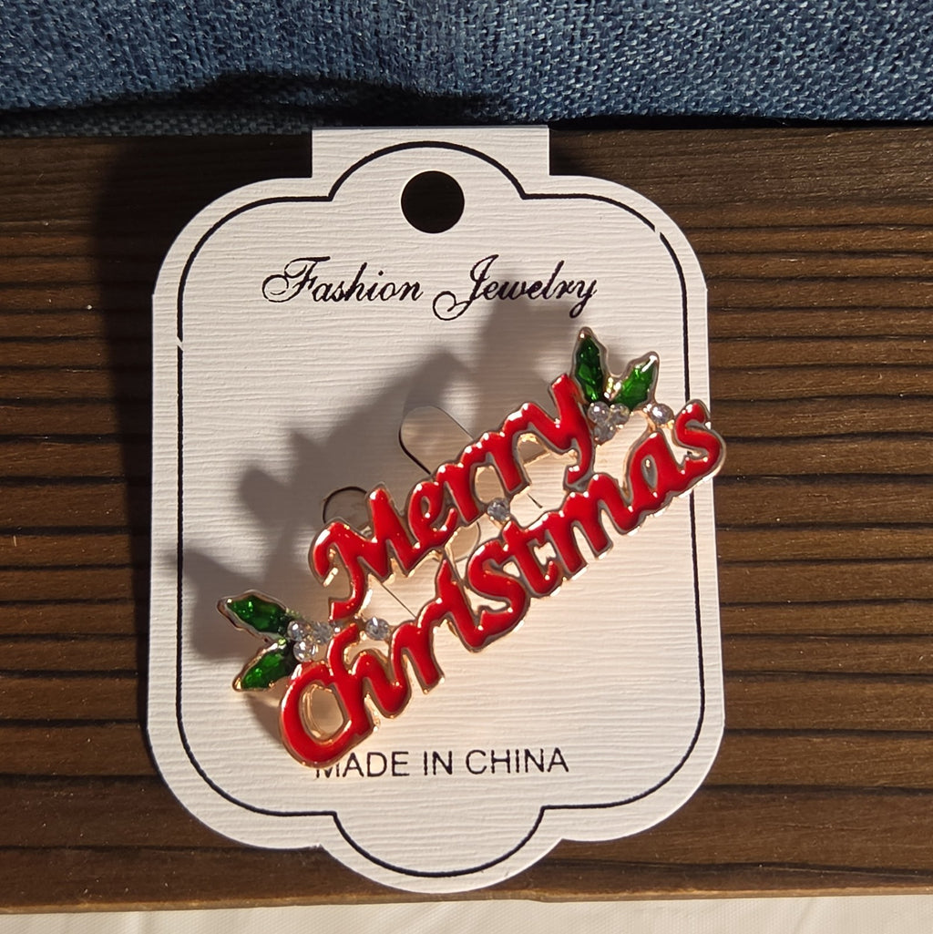 Merry Christmas Brooch Red Enamel Rhinestone Holiday Pin NWT