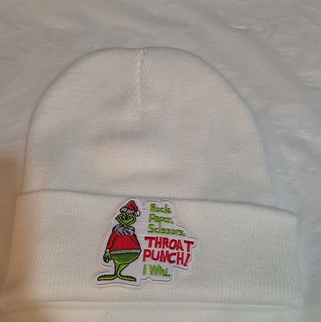 Custom Grinch Throat Punch White Knit Beanie Funny Holiday Hat Brand