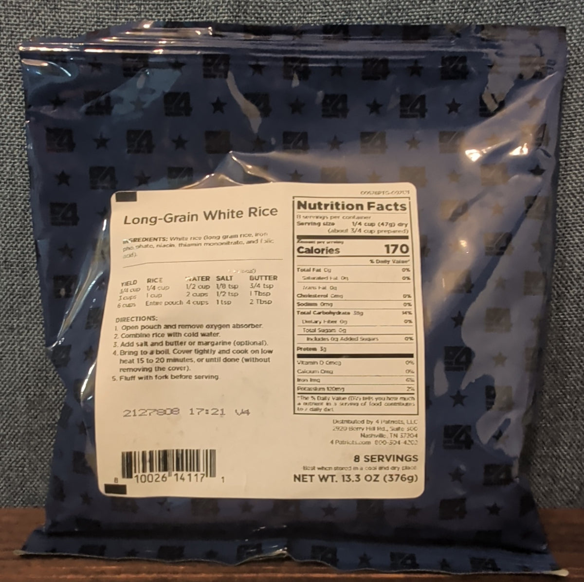 4Patriots Long Grain White Rice Survival Food Pouch 8 Servings