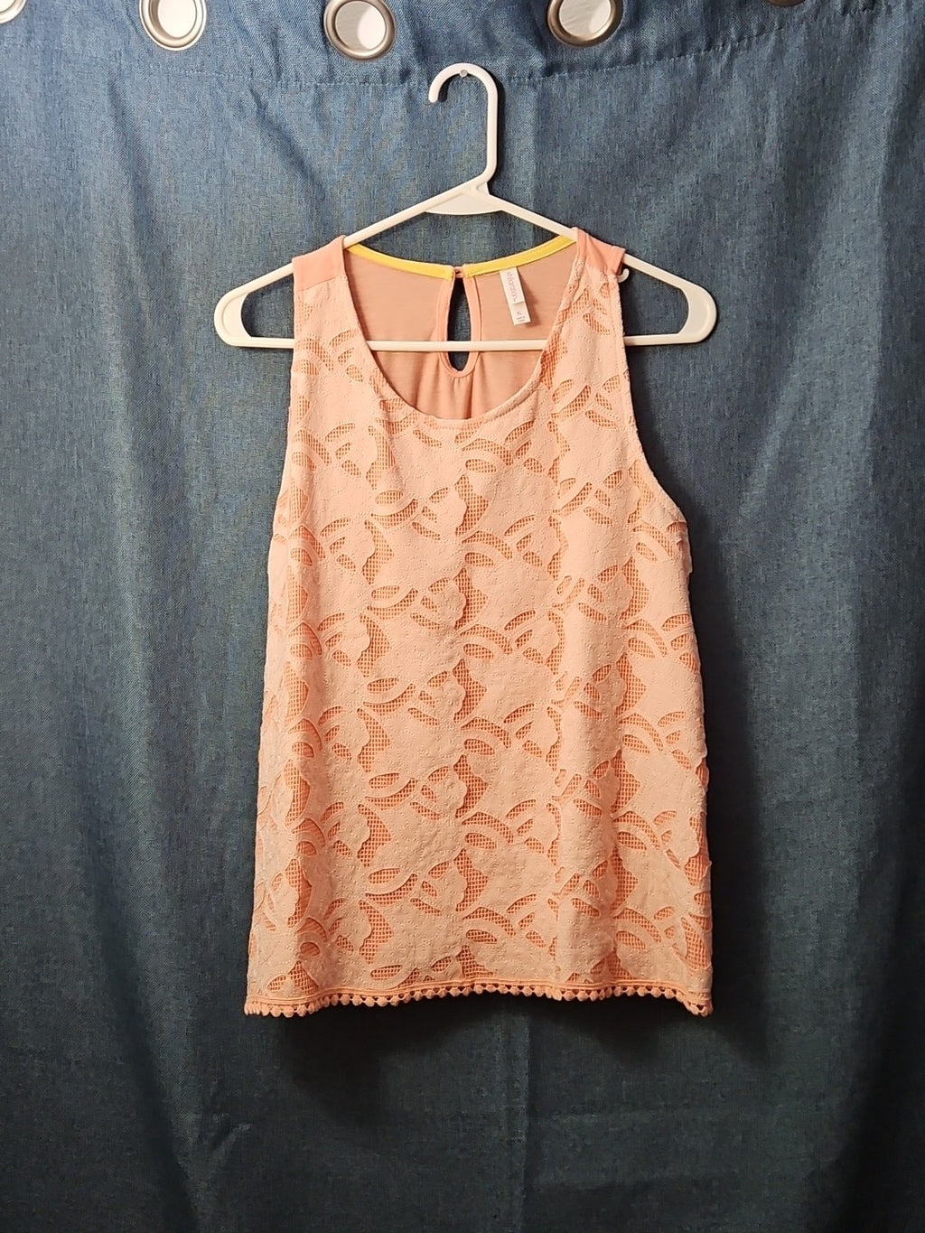 Xhilaration Peach Lace Overlay Tank Top with Pom-Pom Trim