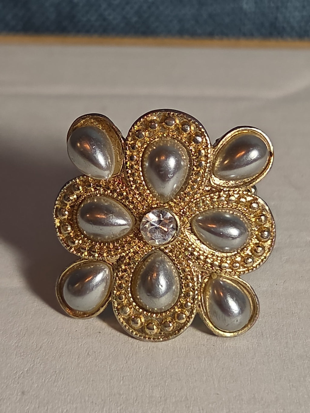 Sarah Coventry Pearl Rhinestone Flower Ring Vintage  Adjustable