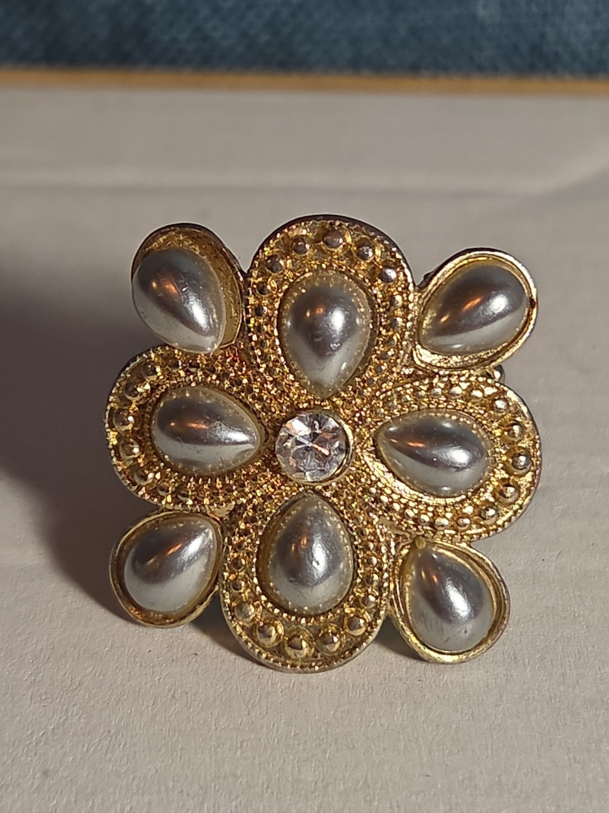 Sarah Coventry Pearl Rhinestone Flower Ring Vintage  Adjustable