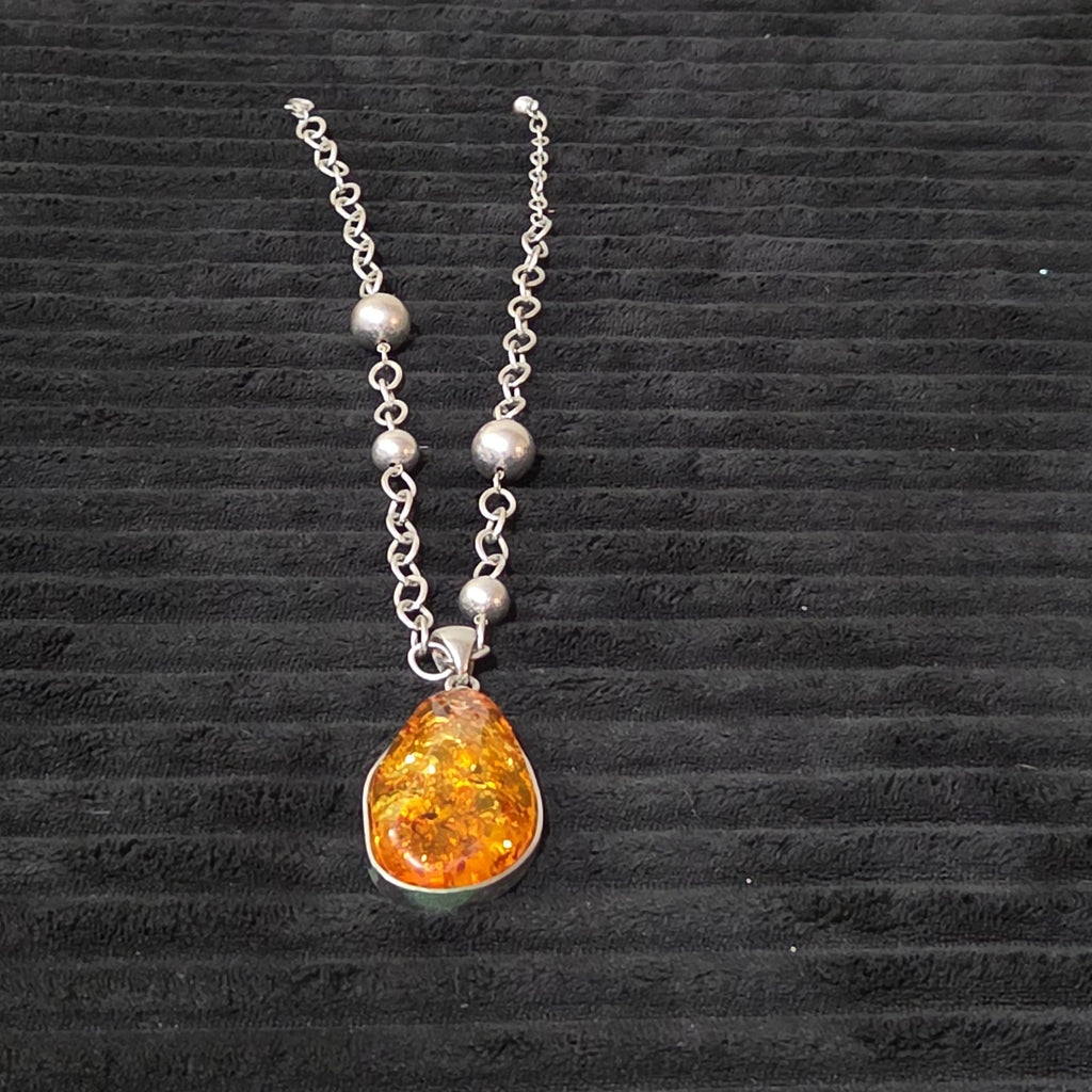 Vintage Faux Amber Necklace Clip On Earrings Set Silver Tone Teardrop Shimmer