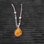 Vintage Faux Amber Necklace Clip On Earrings Set Silver Tone Teardrop Shimmer