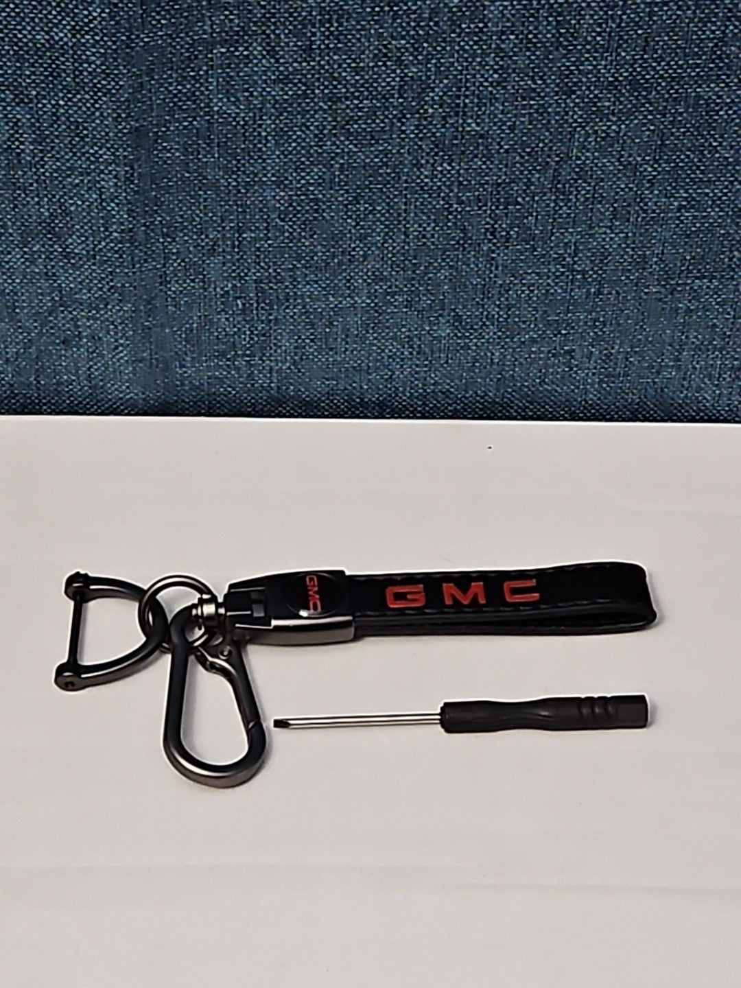 Genuine Leather GMC Car Keychain Set | Black Metal Key Ring Screwdriver Included