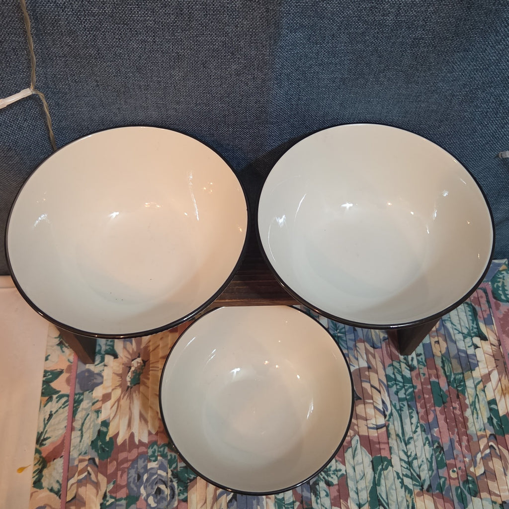 Royal Norfolk Set 3 Ceramic Bowls 6" Black White Dashed Swirl