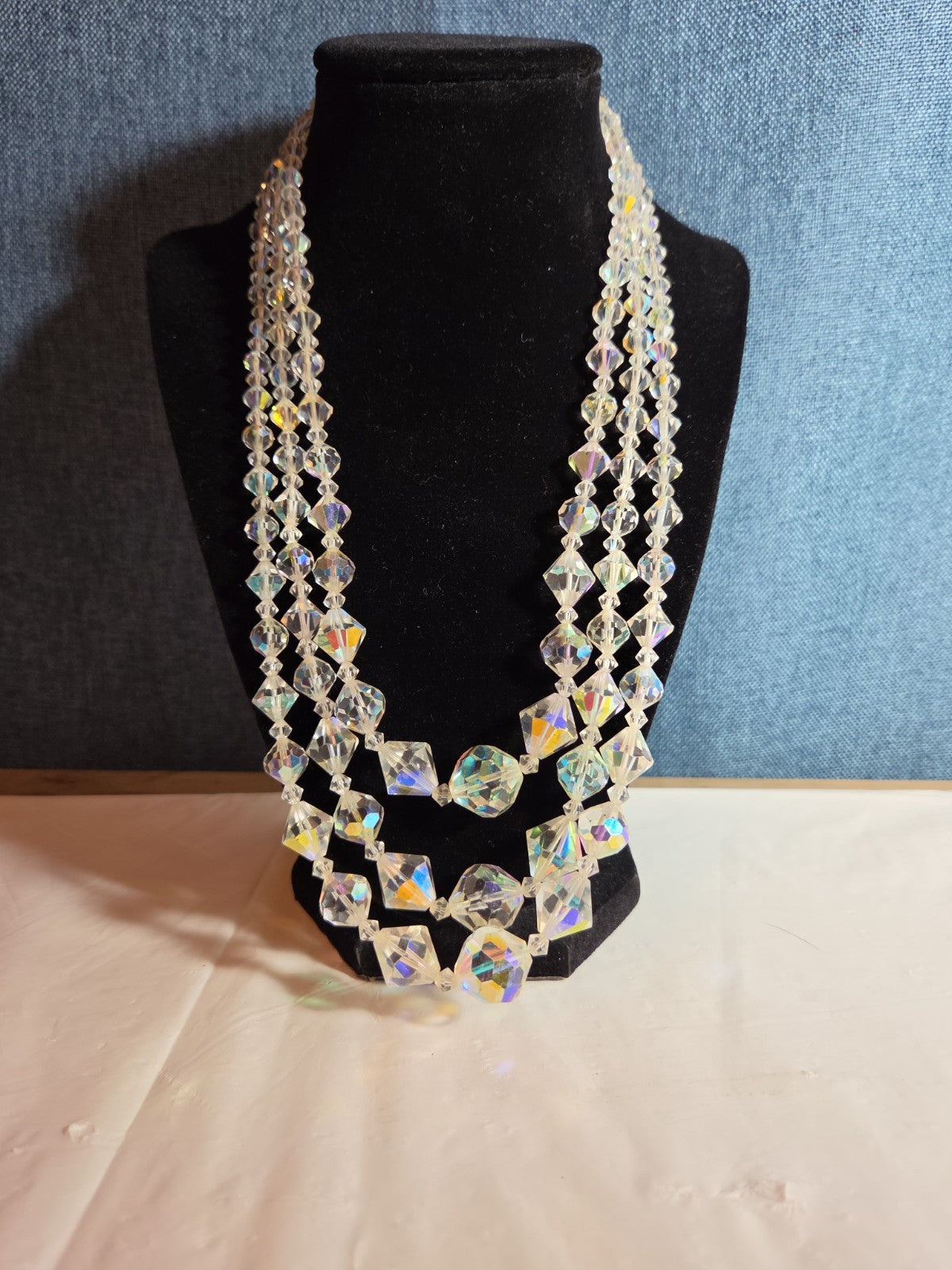 Triple Strand AB Crystal Iridescent Vintage Glam