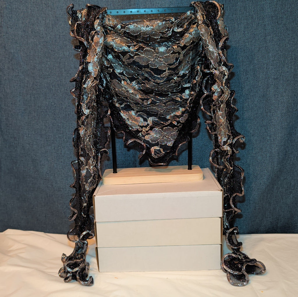 Laurena by LJL Metallic Lace Scarf Wrap Silver Black Ruffled Boho NWT 63x23
