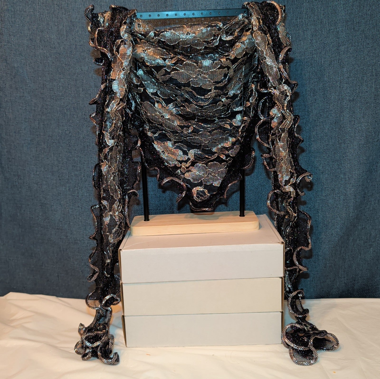 Laurena by LJL Metallic Lace Scarf Wrap Silver Black Ruffled Boho NWT 63x23